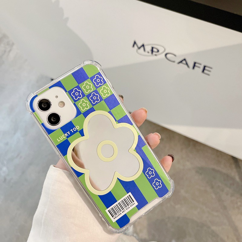 【Anti Fall Mirror】Pretty Silver Makeup Silicone Soft Case Iphone 6S 7 8 Plus X XR XS Max IPhone 11 12 13 14 Pro Max 14 Plus 7+ 8+ 12 13 mini for Women Girl Ins Blue grid sunflower