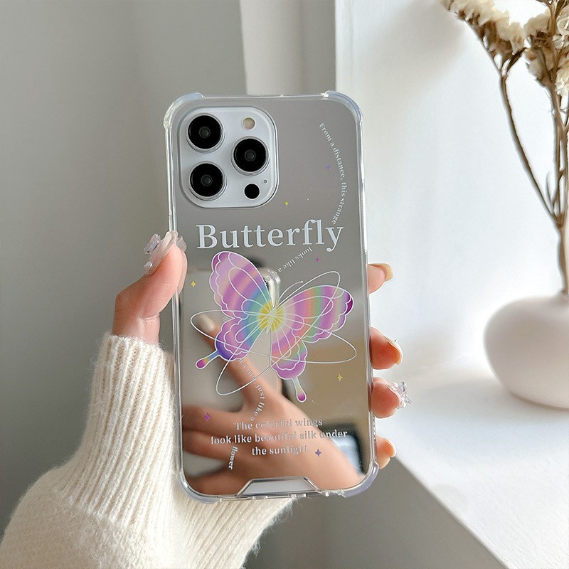 [Anti Jatuh Cermin] Pretty Silver Makeup Silikon Soft Case IPhone 6S 7 8 Plus X XR XS Max IPhone 11 12 13 14 Pro Max 14 Plus7+8 +12 13 mini Untuk Wanita Gadis Kupu-Kupu Warna-Warni