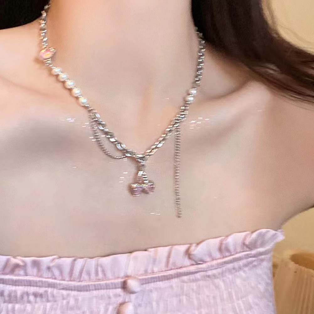 Kalung Perak Antik Mutiara Dan Merah Muda Cherry Liontin Aksesoris Perhiasan Wanita