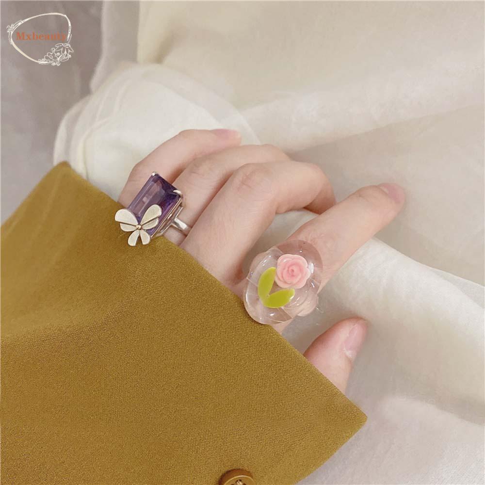 Mxbeauty Cincin Resin Temperamen Gadis Bunga Mawar Geometris Beruang Perhiasan Fashion