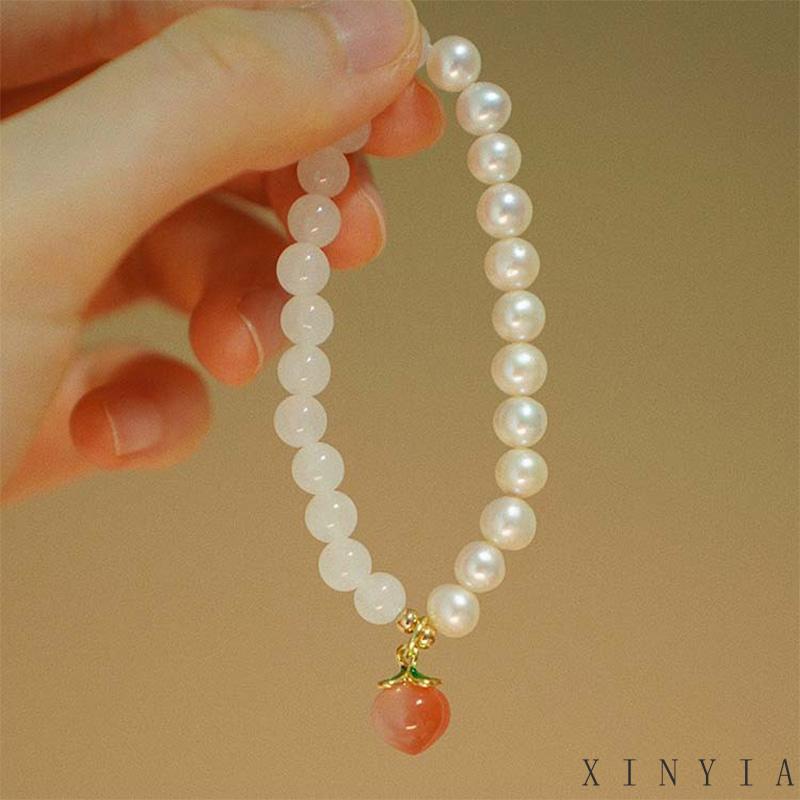 【Bayar di tempat】Kepribadian Sederhana Desain Lembut Mutiara Splicing Peach Gelang Batu Akik Dua Lapis Gelang