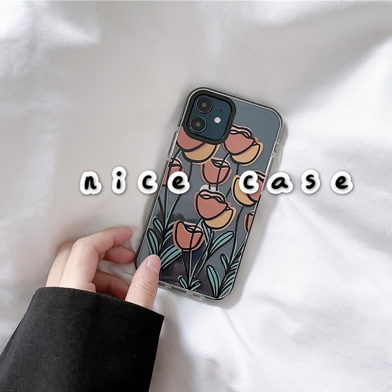 IPHONE Cover Casing Handphone Pelindung Vintage Doodle Tulip Transparan Lembut Untuk Iphone7 8 PLUS X XR Xs11 12 MINI PRO MAX