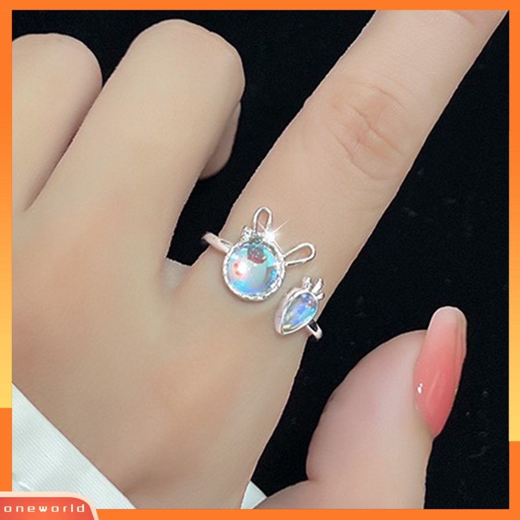 [EONE] Wanita Cincin Shiny Faux Moonstone Animal Element Adjustable Opening Design Hias Hadiah Kelinci Kecil Lobak Jari Cincin Perhiasan Pesta Untuk Pacaran