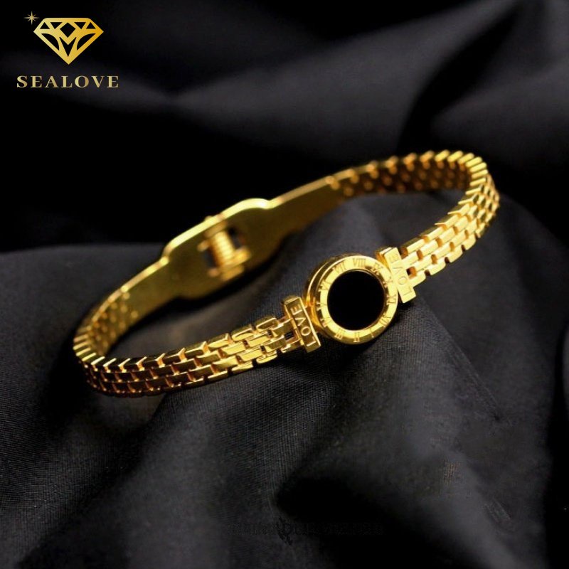 Gelang titanium Wanita Anti Karat Bulat Hitam Romawi Emas 18K Bangle Aksesoris Mewah Korean Style COD