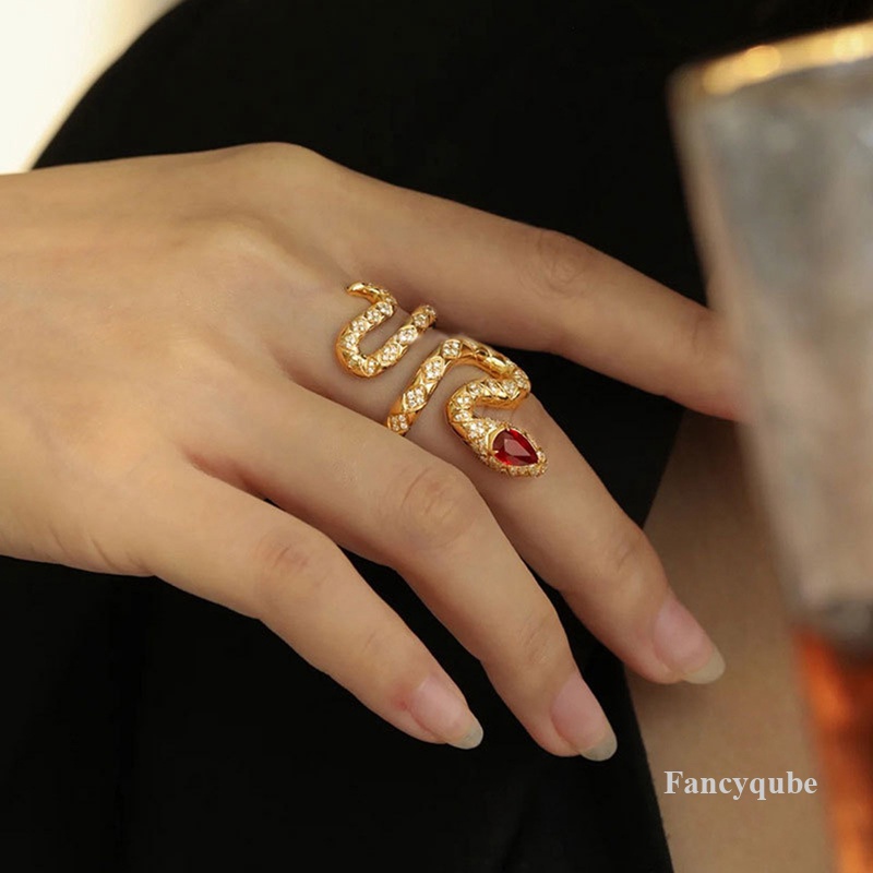 Kepribadian Merah CZ Ular Cincin Untuk Wanita Mewah Warna Emas Sparkling Paved Kristal Cubic Zirconia Fashion Pernikahan Perhiasan