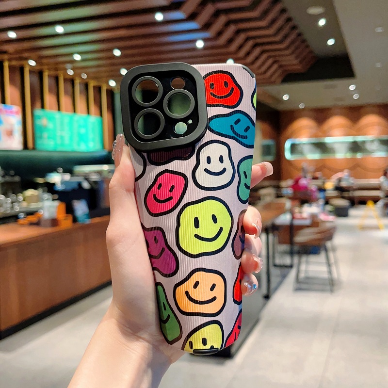 Soft case Untuk iPhone Case14 13 12 11 Pro MAX X XR XS Max7 8 Plus Butir Vertikal Warna-Warni smiley Anti-drop Pelindung Kamera