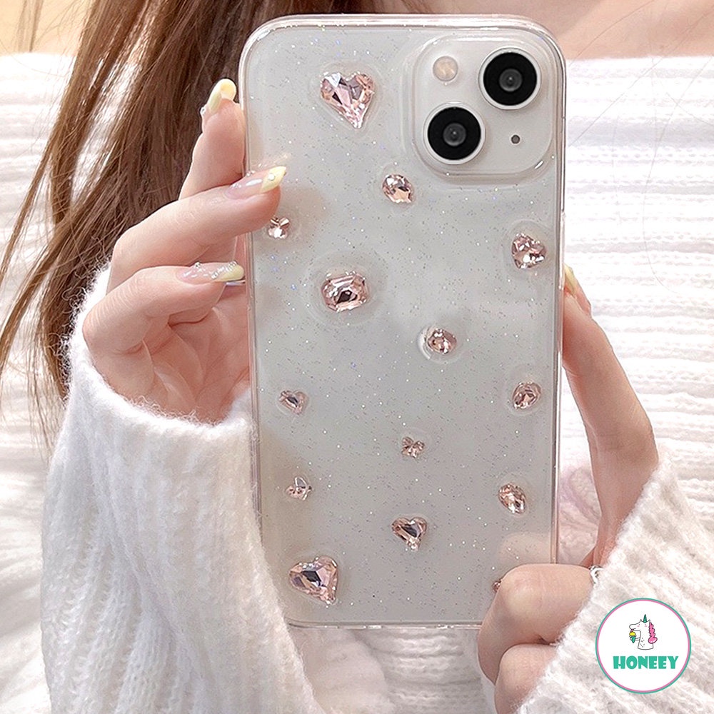 IPHONE Mewah Pink Lucu 3D Cinta Hati Berlian Mengkilap Bening Lembut Casing Ponsel Untuk Iphone12 14 13 11 Pro Max Glitter Berlian Imitasi Cover