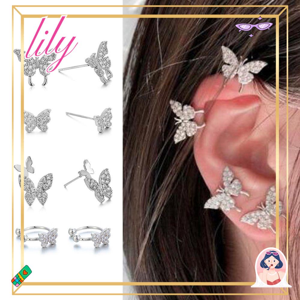 Lily Butterfly Earrings Perhiasan Tulang Rawan Anting Palsu Berlian Imitasi Ear Cuff