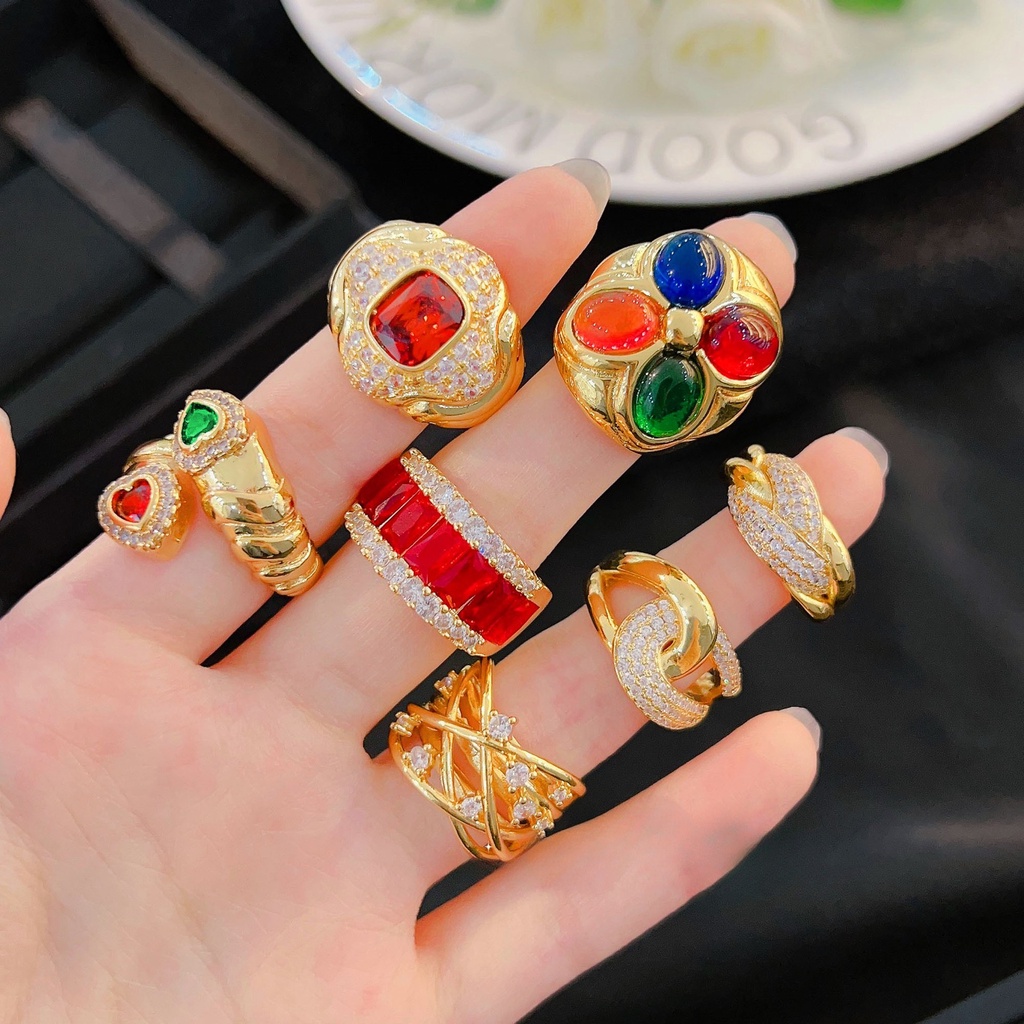 Goldkingdom Aksesoris Perhiasan Fashion Ready Stock Vintage Cincin Kaca French Vintage Berlapis Emas Micro Set Dengan Berlian Penuh Antik Colorful Treasure Ring