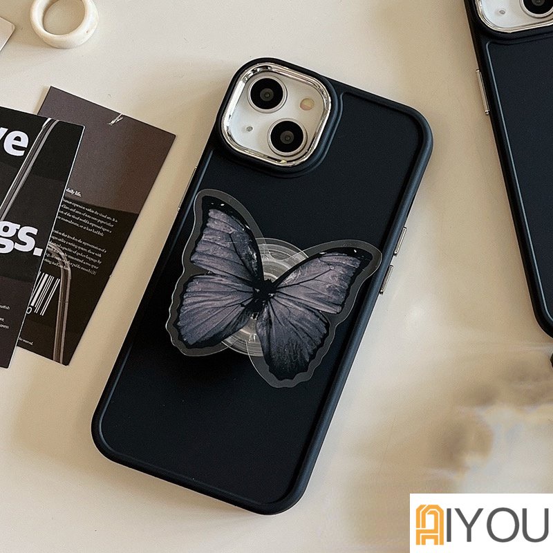 IPHONE Butterfly Hitam Dengan bracket Phone Case Untuk Iphone14 13 12 11 Pro Max Phone Case Animal Untuk Iphone12 13 Phone Case Lembut