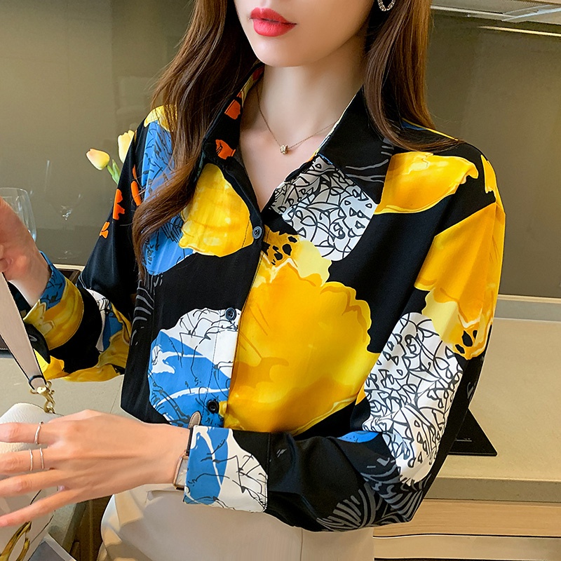 2023 COD New Fashion Korean Black Yellow Print Casual Work Long Sleeve Women Shirt Kemeja Wanita Lengan Panjang