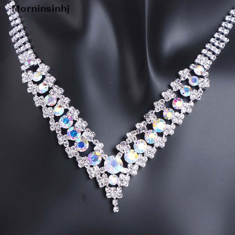 Mornin Set Perhiasan Pengantin Pernikahan Kristal Berlian Imitasi Biru Elegan Untuk Wanita V Bentuk Choker Kalung Anting Set id