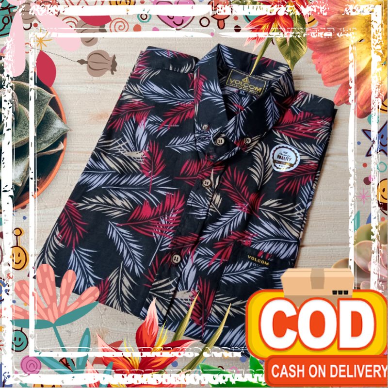 Kemeja Pria Motif Katun Surfing Lengan Pendek Motif Blarak Bunga Pohon Kelapa Daun biru Lovely Fashi