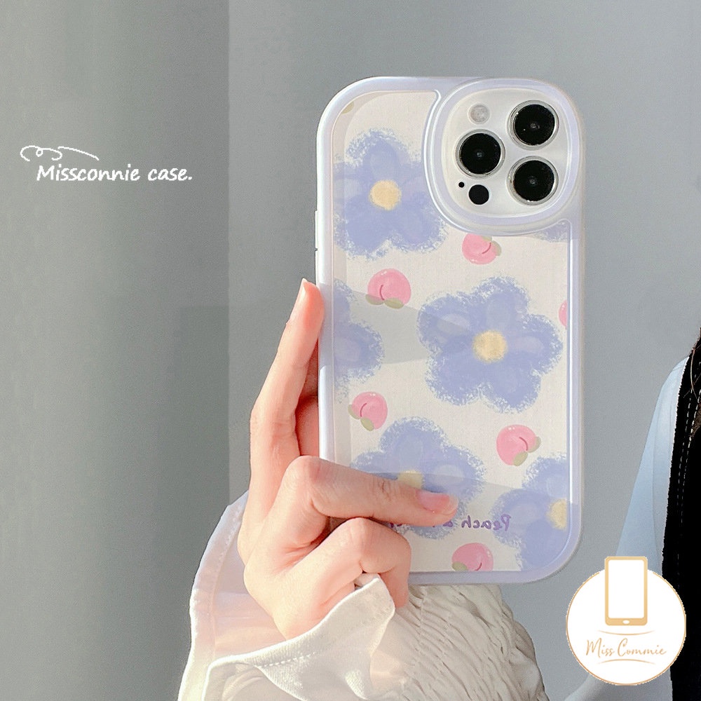 IPHONE Kartun Lucu 3D Ikatan Simpul Menghias Ponsel Case Kompatibel Untuk Iphone11 14 13 12 Pro Max XR X XS Max 7plus7 8 6 6s Plus SE 2020 INS Lukisan Cat Minyak Bunga Biru Musim Panas Peach Soft Case