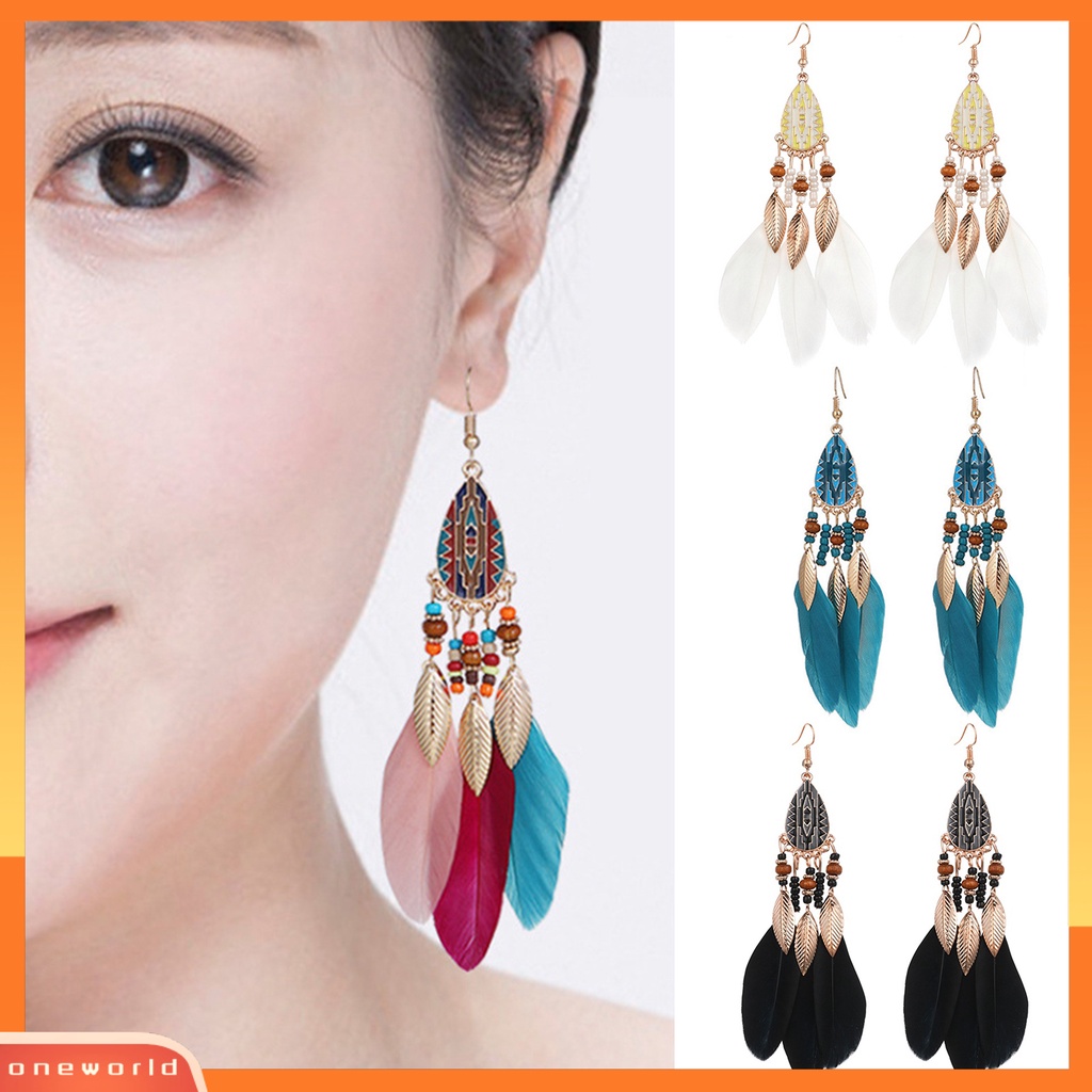 [EONE] 1pasang Anting Kait Gaya Etnik Tetesan Air Liontin Manik-Manik Kepribadian Eye-catching Dekorasi Hypoallergenic Buatan Bulu Vintage Menjuntai Anting-Anting Perhiasan Aksesori