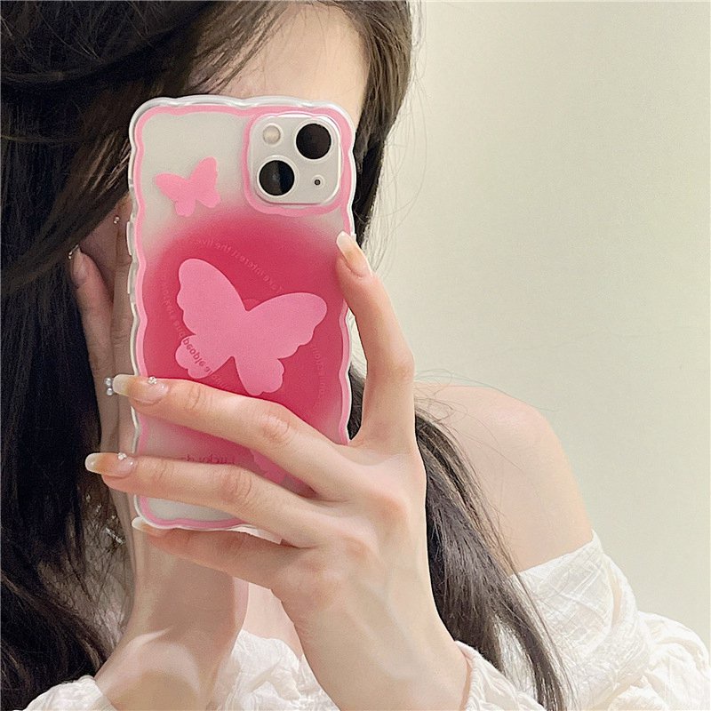 【INS Wave】Pink Butterfly Soft TPU Case HP iP iPhone 11 12 13 14 Pro Max 7 8 + Plus SE 2020 X XS XR Max Girl Woman Clear FTD Casing Apple