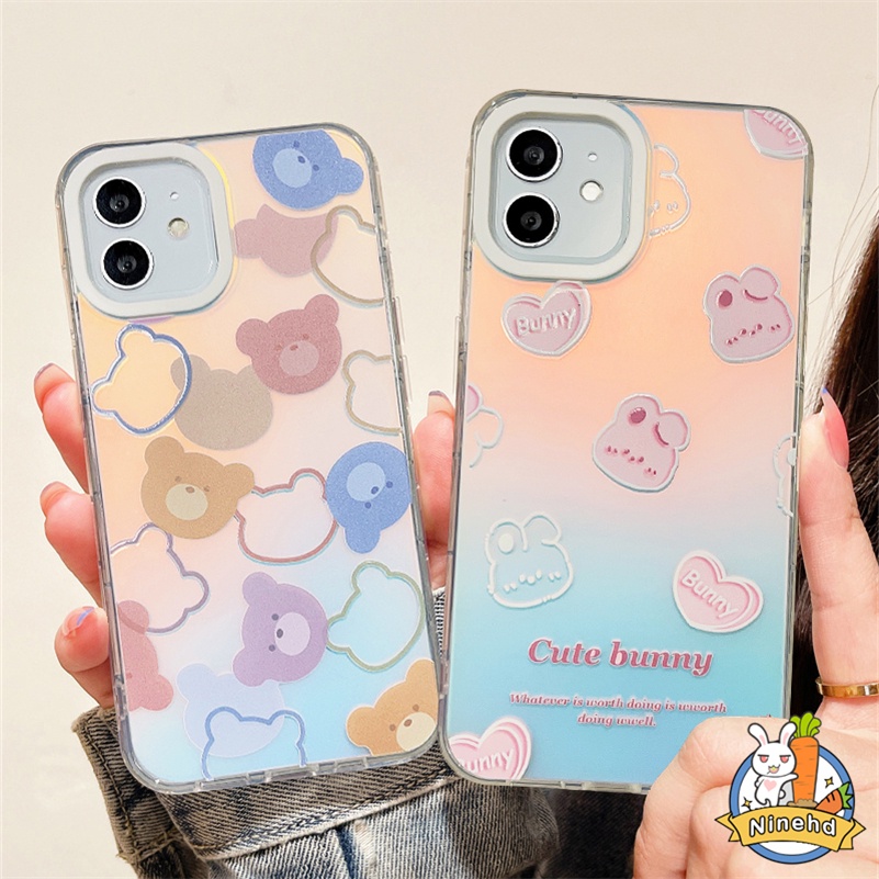 Casing iPhone Neon Kompatibel Untuk Iphone14 13 12 11 Pro Max X Xr Xs Max8 7 6 Plus SE 2020 Kartun Beruang Laser Bening Matte Casing Ponsel Anti Pecah Silikon Lembut TPU Penutup Belakang