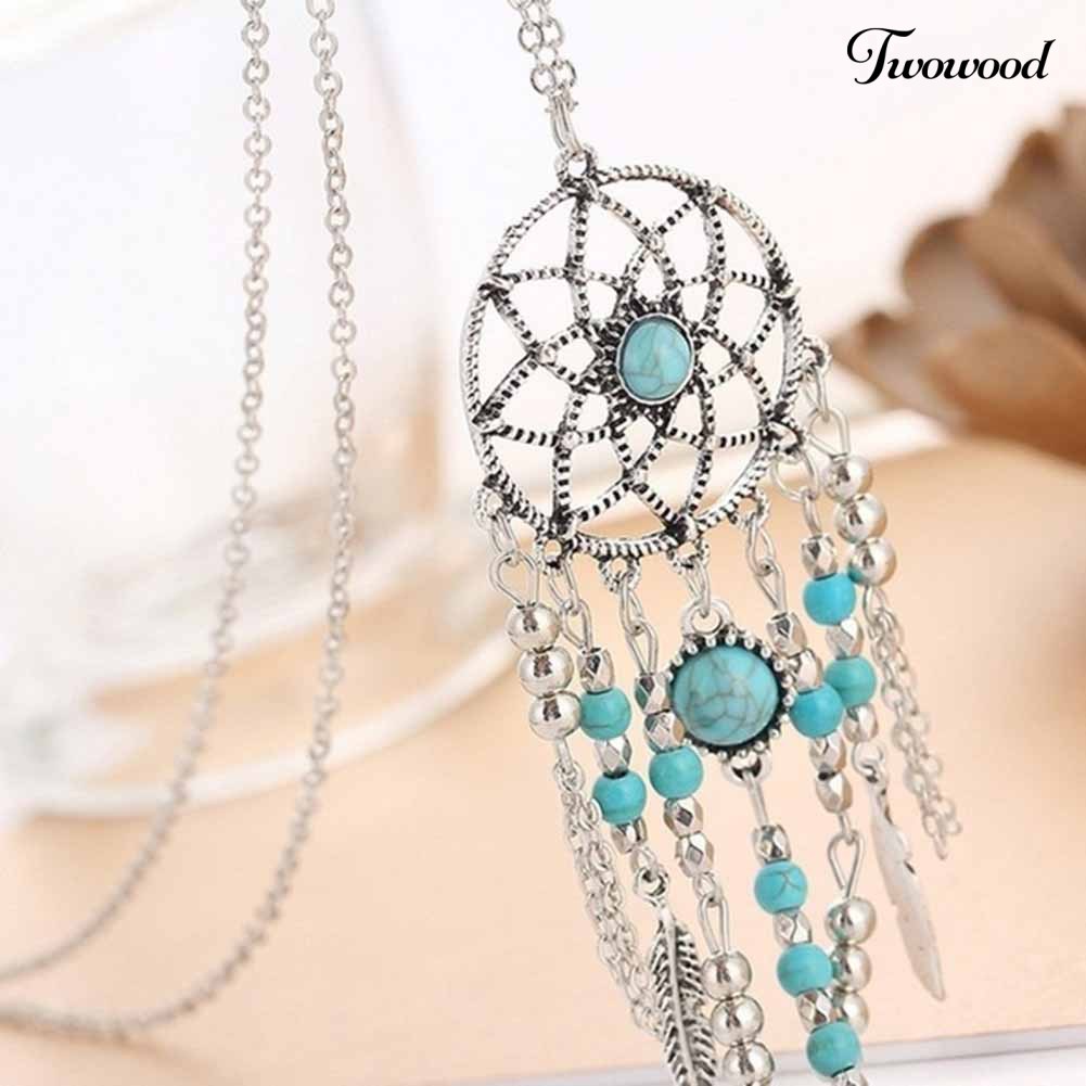 Twowood Boho Dreamcatcher Feather Turquoise Tassel Rantai Charm Kalung Wanita Perhiasan