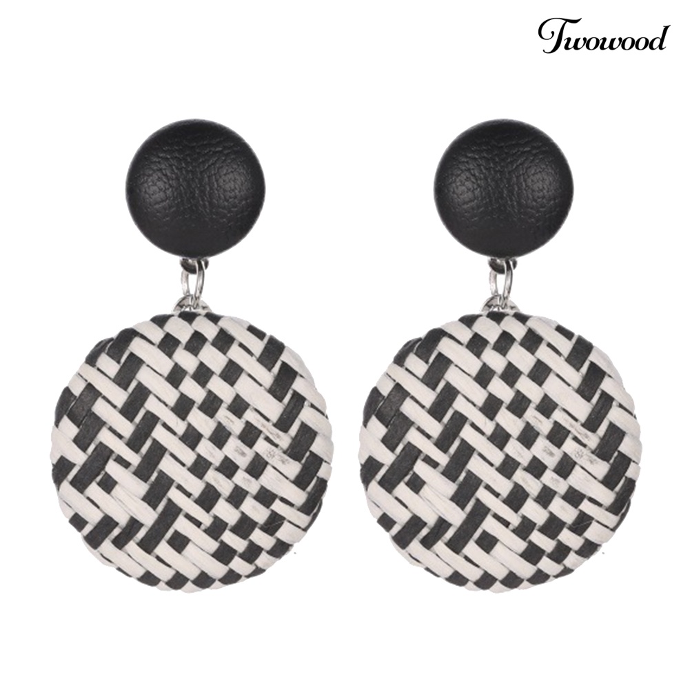 Twowood Boho Wanita Geometris Tombol Bulat Anyaman Jerami Menjuntai Stud Earrings Perhiasan