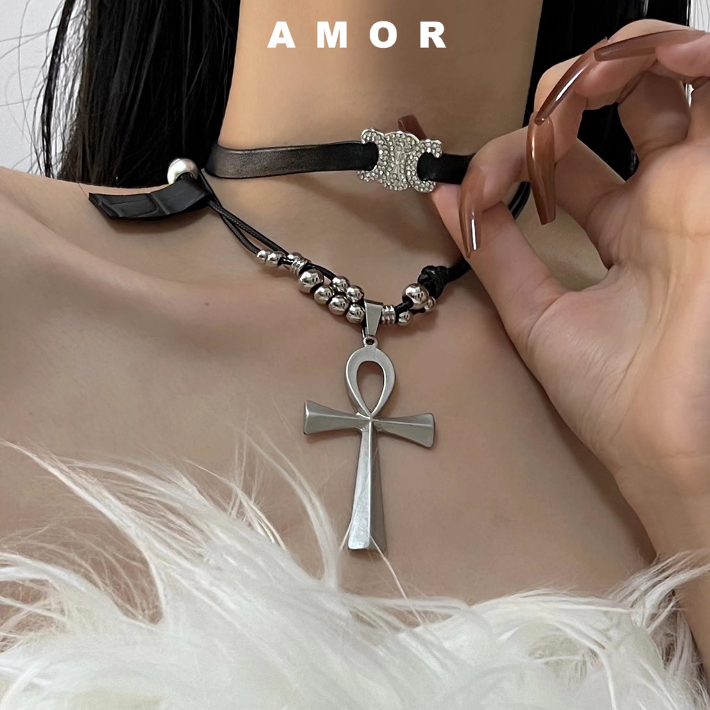 Kalung Tali Kulit ins cross Two piece set