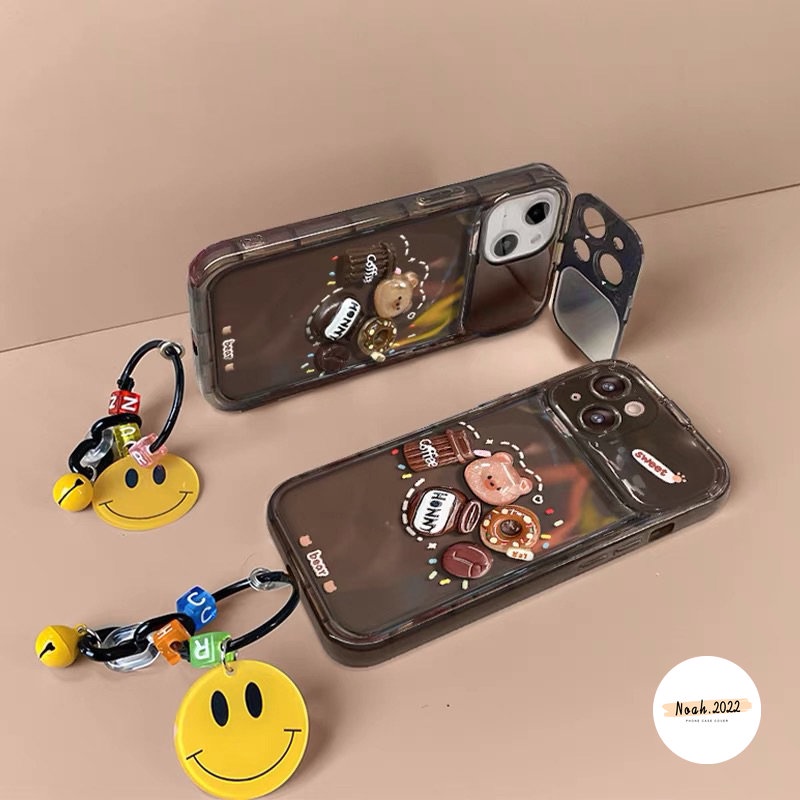 Casing Cermin Make Up Flip Kreatif Untuk Oppo A57 A12 A15 A7 A3s A5s A53 A15s A9 A5 A77 A77S A11K A31 A33 2020 A35 3D Kartun Lucu Mainan Beruang Kopi Donat Shockproof Soft Phone Cover