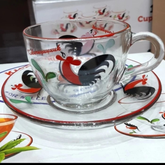 cangkir kaca tea set/cangkir kaca kopi/cangkir bening ayam jago