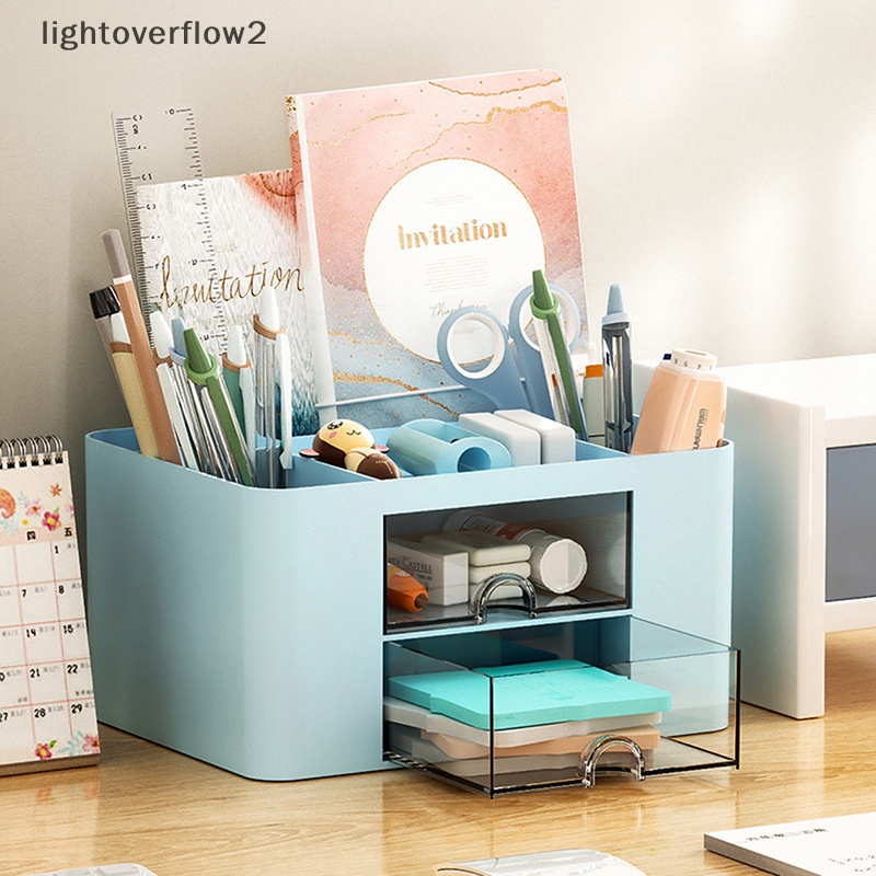 [lightoverflow2] Tempat Pulpen Warna Solid Sederhana Dengan 2laci Kapasitas Besar Kotak Penyimpanan Alat Tulis Kantor Siswa Desktop Organizer [ID]