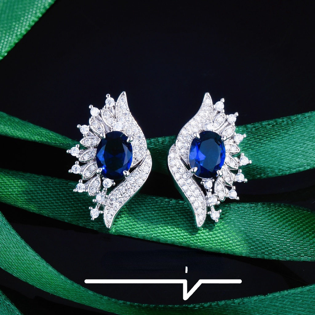 Goldkingdom Aksesoris Perhiasan Fashion Ready Stock Anting Safir Srilanka Alami Dengan Micro Full Berlian Mata Setan Berlian Biru Anting-Anting Perempuan