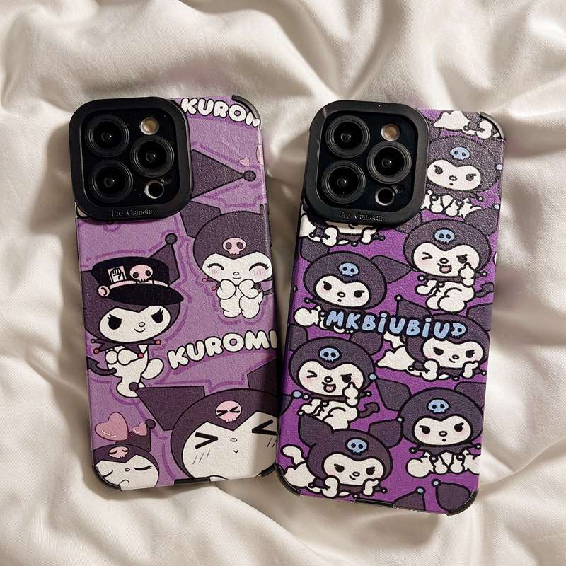 Soft sheepskin Leather Case IPhone 6S 7 8 Plus SE 2020 X XR XS Max 11 12 13 14 Pro Max 14 Plus Camera Protect for Girl women Cute Cartoon Purple Kuromi