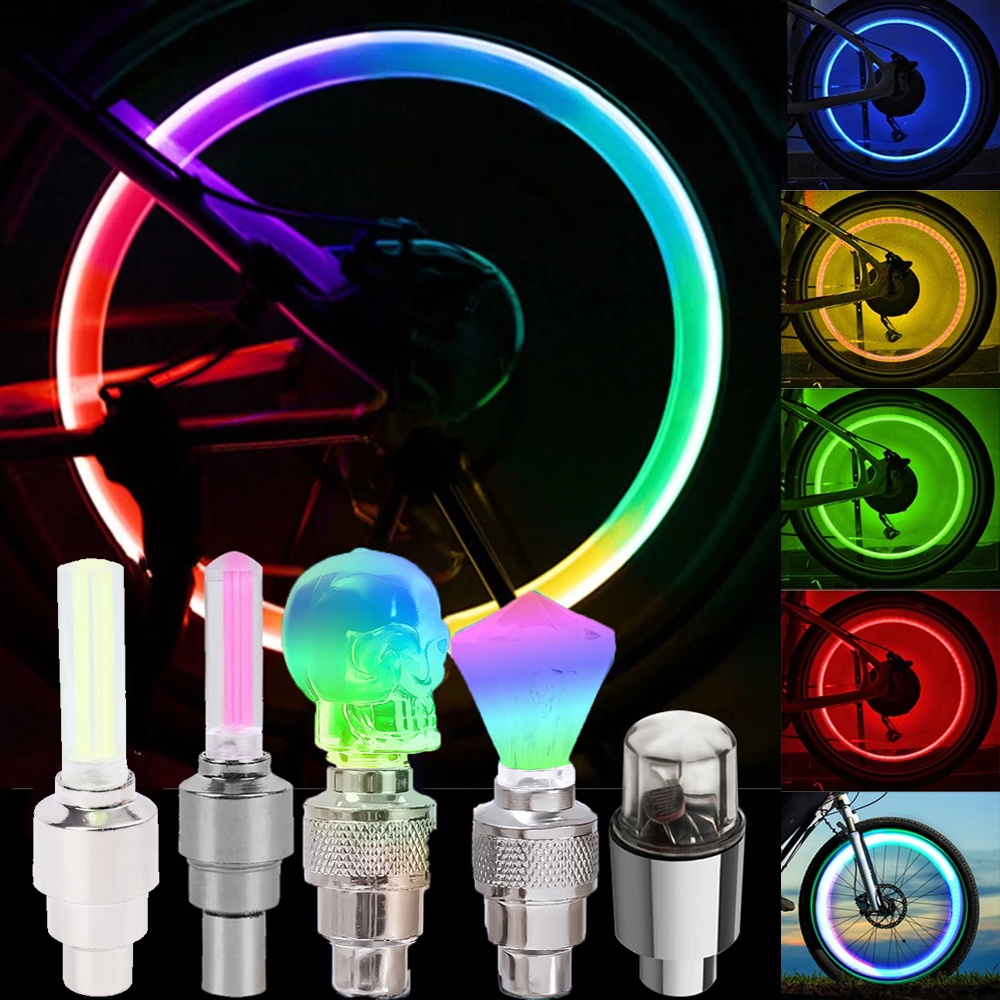 2pcs Colorful Skull Bicycle LED Valve Lampu Mobil Motor Sepeda Roda Ban Cahaya Tire Valve Tutup Debu Bersepeda Jari-Jari Peringatan Cahaya Auto Sepeda Aksesoris