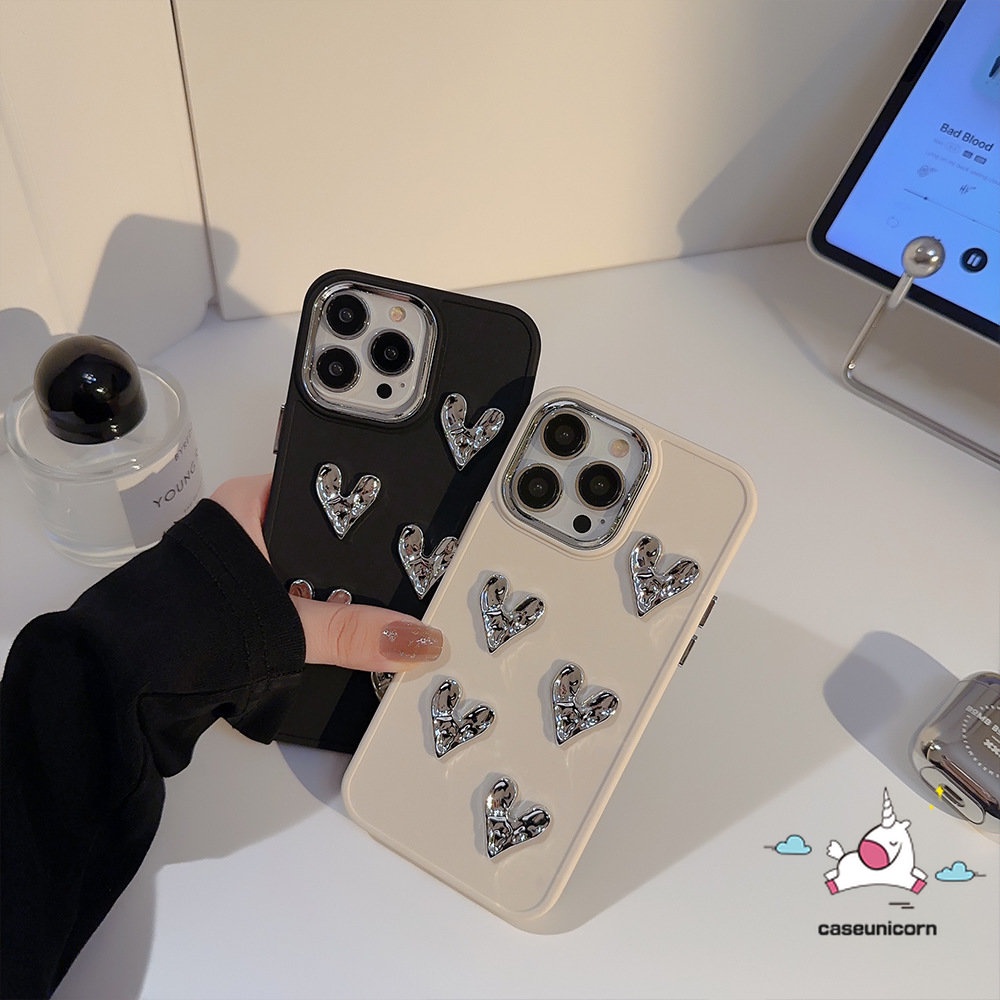 Mewah Lanjutan 3D Love Heart Plating Square Case Kompatibel untuk iPhone 7Plus 13 11 XR 14 12 Pro MAX X 8Plus XS MAX Fashion Sederhana Warna Solid Macaron Warna Permen Penutup Ponsel Lembut