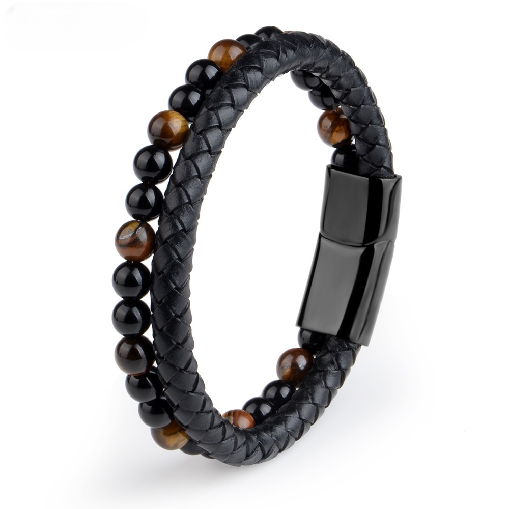 Batu Alam Kulit Dikepang Gelang Hitam Stainless Steel Magnetic Clasp Tiger eye Beads Bangle Pria Perhiasan