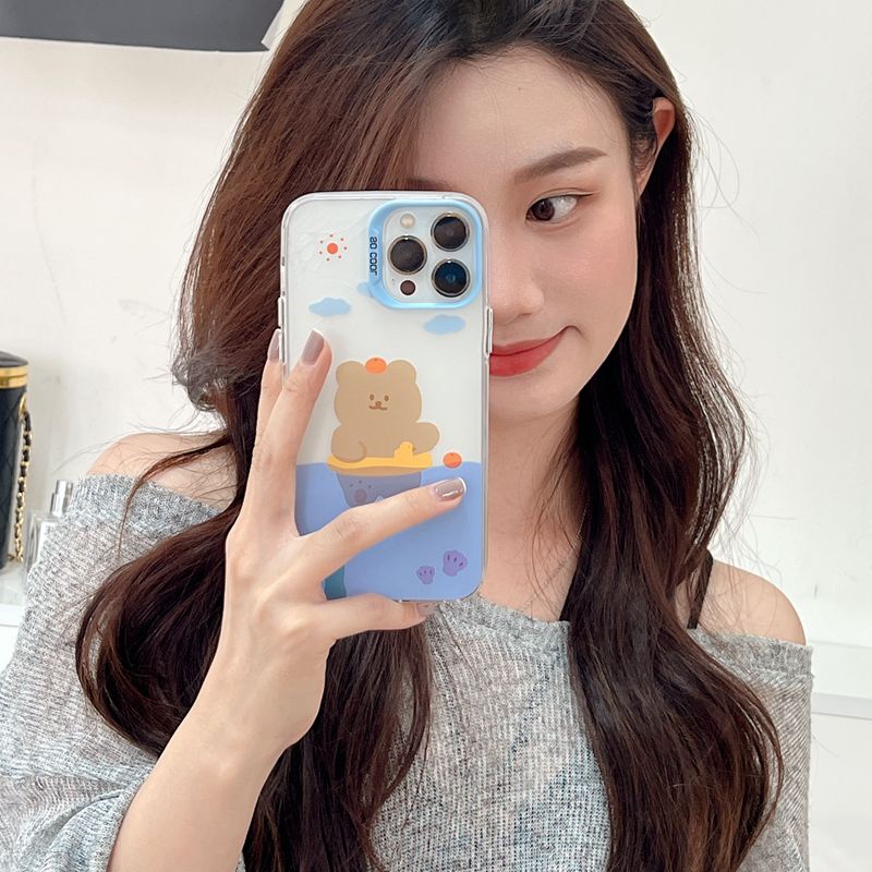 Lovely Swim Flower Bear Skin Feel Soft Case HP iP iPhone 12 13 14 Pro Max 11 Girl Woman FTD Casing Apple