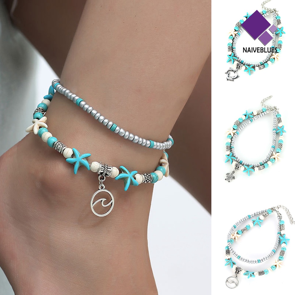 &lt; Naiveblues &gt; Bintang Laut Double Layer Wanita Gelang Kaki Alloy Bohemia Beads Adjustable Chain Hawaii