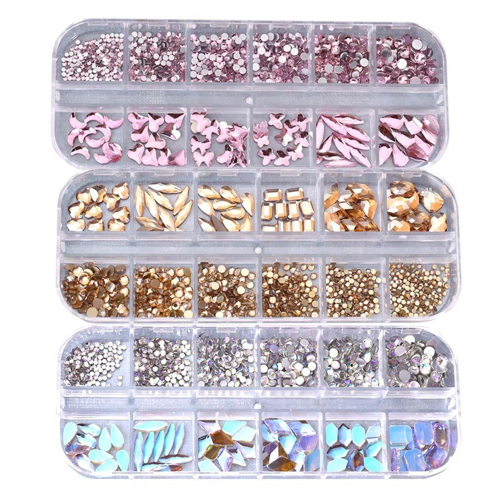 AUGUSTINA Agustina Aurora Kuku Berlian Imitasi Wanita 12grid Ukuran Campur Warna Champagne Irregular Drills 3D Nail Art Drills