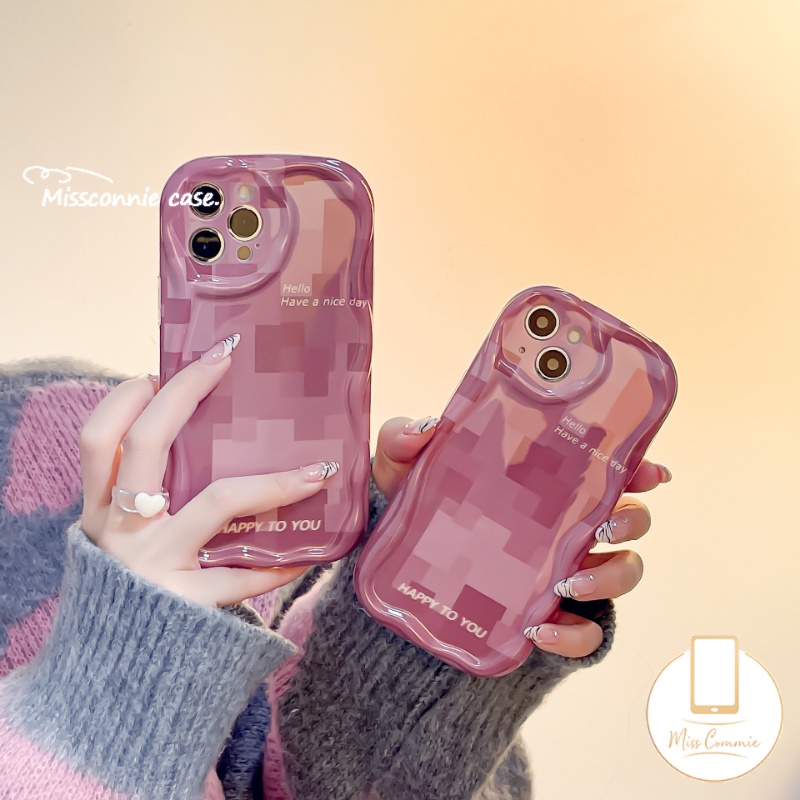 IPHONE Shockproof Phone Cover Kompatibel Untuk Iphone11 14 12 13 Pro Max X7 8 6s 6 Plus XR XS Max SE 2020 7Plus Kreatif Rose Pink Lattice 3D Wavy Curved Edge Soft Glossy Case