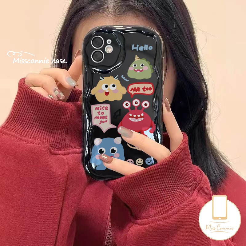 Kartun Lucu Monster Kecil Cover Kompatibel Untuk IPhone 7Plus XR 14 11 12 13 Pro Max X 7 8 6s 6 Plus XS Max SE 2020 3D Wavy Curved Edge Glossy Shockproof Case Shell