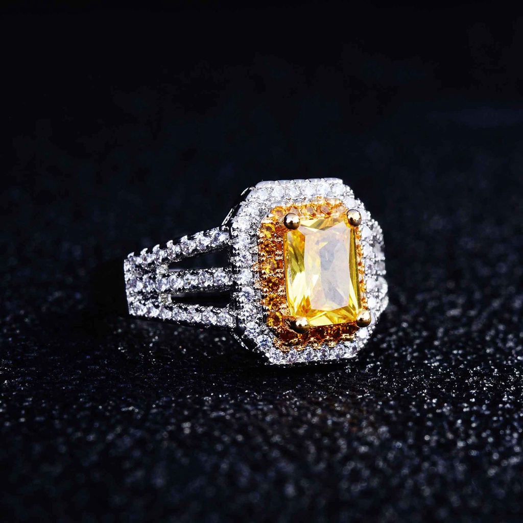 Goldkingdom Fashion Perhiasan Aksesoris Ready Stock Persegi Panjang Kuning Berlian Cincin Indah Persegi Kekayaan Atraksi Berlian Kuning Pembukaan Warna-Warni Harta Cincin Perempuan