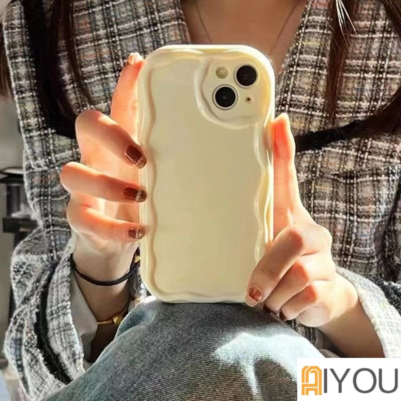 Fashion Sederhana Cat Air Gelombang Bingkai Bantal Ponsel Case Kompatibel Untuk iPhone 14 Pro Max11 12 13 7plus XR X XS Max7 8 Plus SE 2020 Halus Glossy Bergelombang Tepi Shockproof Soft Case