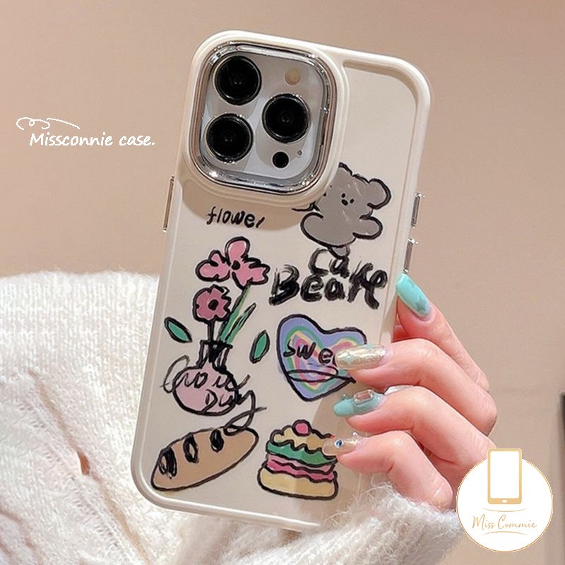 Graffiti Love Heart Soft Phone Case Kompatibel Untuk IPhone 7Plus XR 87 Plus X11 13 14 12 Pro Max 8Plus XS Max Beruang Lucu Hamburger Bunga Logam Bingkai Lensa Cover