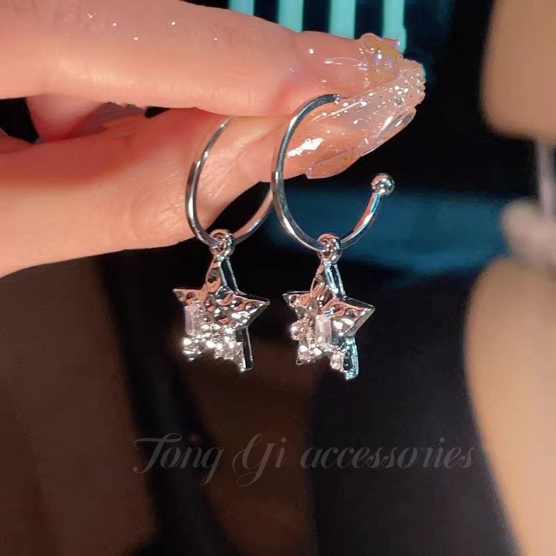 Y2k Anting Liontin Bintang Bertabur Berlian/Gadis Pasang Perhiasan Telinga Pesta Keren/Lima Gunung Liontin Bintang Senior Rasa Telinga Drop Ladies/Women Bridal Wedding Drop Earrings Aksesoris