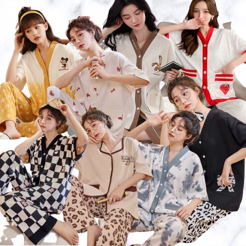 SETELAN SETCEL ONE SET  BAJU KAOS TIDUR PIYAMA CP WANITA DEWASA KATUN IMPORT TEBAL  KOREA MOTIF LENG