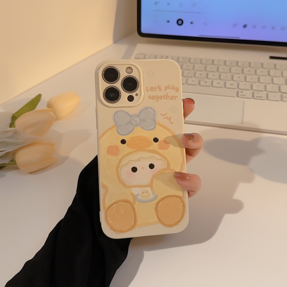 IPHONE Cream Kuning Lucu Kartun Bayi Perempuan Pelindung Lensa Kamera Ponsel Soft Case Cover Untuk Iphone11 12 13 14 PLUS PRO MAX