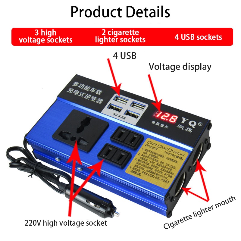 2000W Modified Sine Wave Inverter Frekuensi Tinggi Mobil Power Inverter DC 12V 24V To AC 220V Converter Mobil Power Charger Inverter 4 Port USB Pengisi Daya Soket Mobil Van Multifungsi