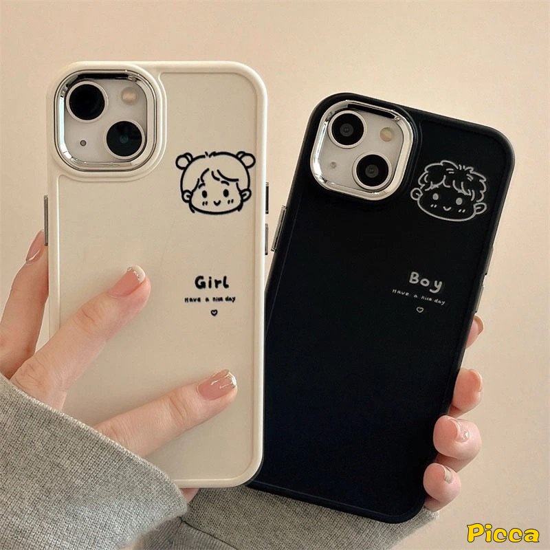 IPHONE Casing Frame Lensa Logam Plating Mewah Kompatibel Untuk Iphone7 8plus11 13 14 12 Pro MAX X XR XS MAX 7plus 8plus Kartun Pasangan Lucu Cowok Cewek Lembut Penutup Belakang