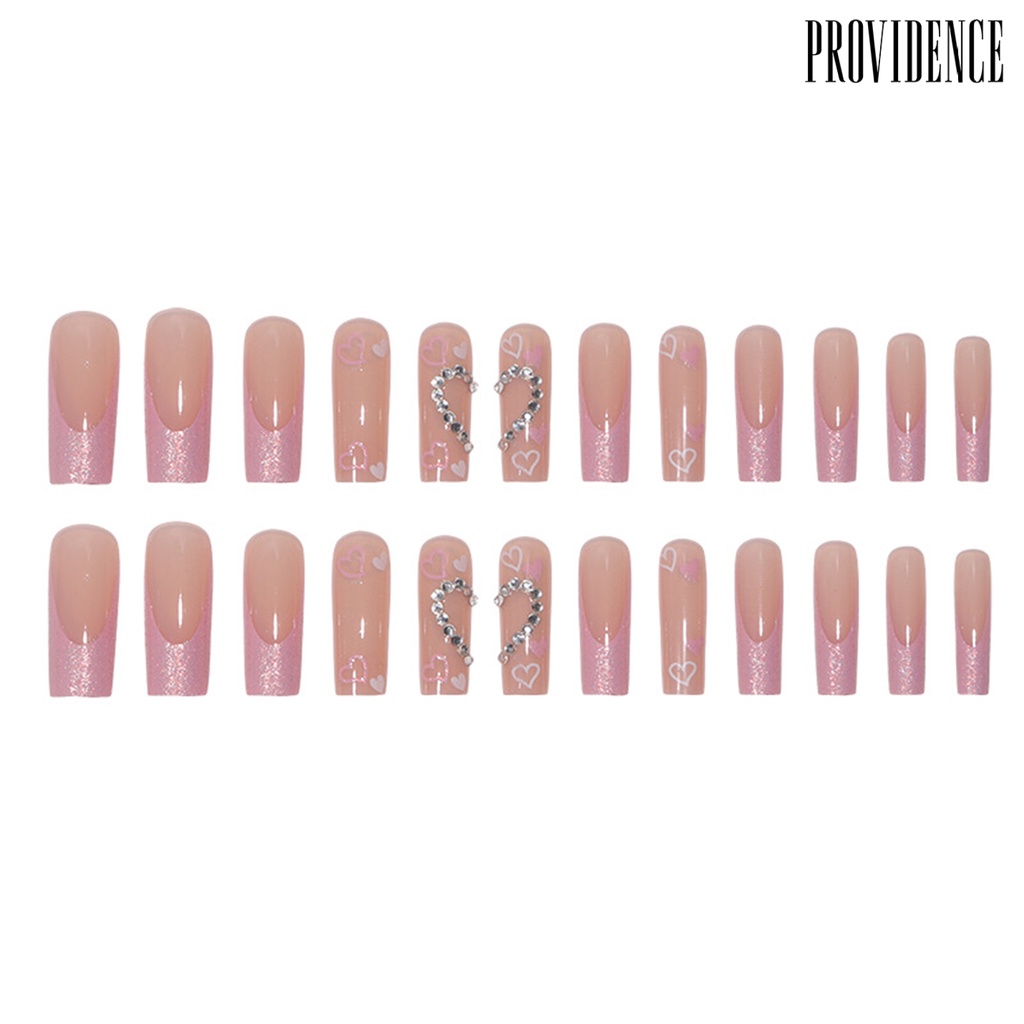 Providence 1set Kuku Palsu Bersinar Mudah Dilepas Penuh Penutup Gloss Tinggi DIY Perancis Glitter Hati Berlian Imitasi Panjang Tekan Pada Kuku Salon Pasokan