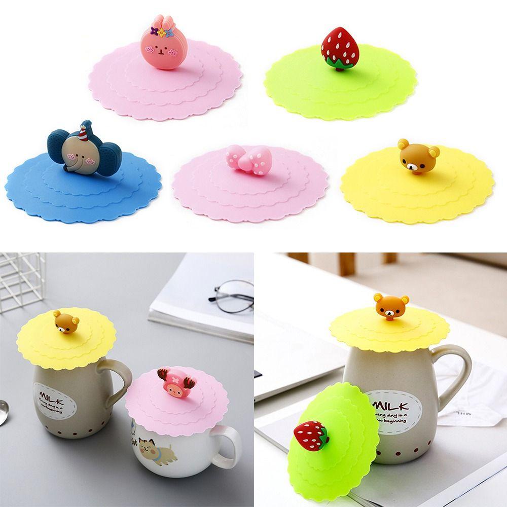 TOP 3pcs Penutup Gelas Silikon Lucu Tahan Panas Kartun Anti Bocor Lid Cup