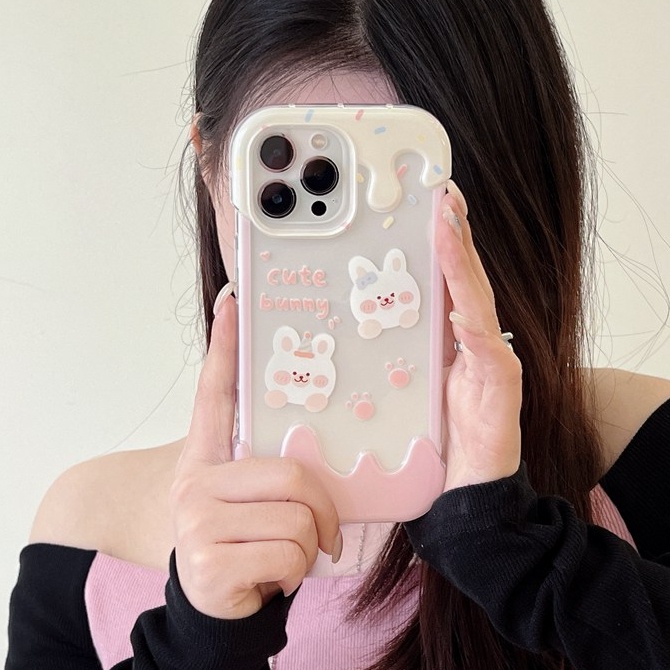 【3D Ice Cream】Summer 3D Soft Case IPhone XR XS Max 11 12 13 14 Pro Max 14 Plus for Women Girl Gift Cartoon Lovely Pin Rabbit Bunny