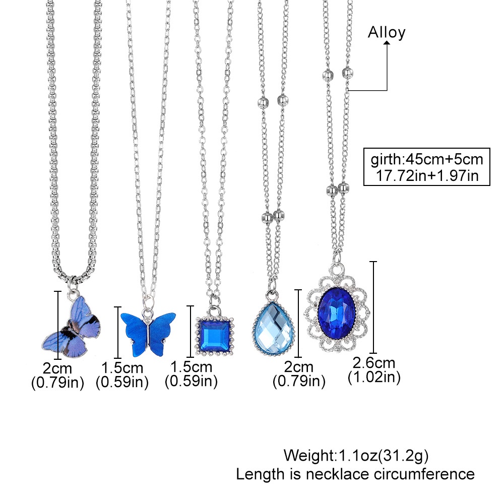 5-piece Set Fashion Sederhana Kupu-Kupu Cinta Air Mata Persegi Pribadi Trendi Tulang Selangka Perhiasan Kalung Set