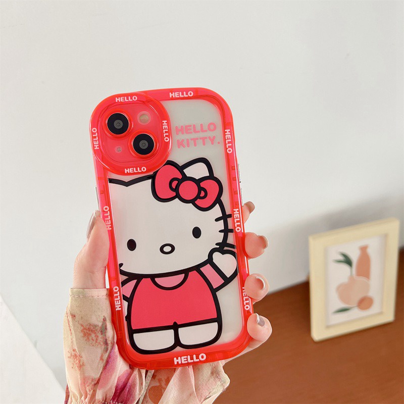 【Fluorescence Case】All New Air bag Independent buttons Soft Case IPhone 11 12 13 14 Pro Max Women Girl Fashion Cute Hello Kitty Love Bear Pink Red Phone Case